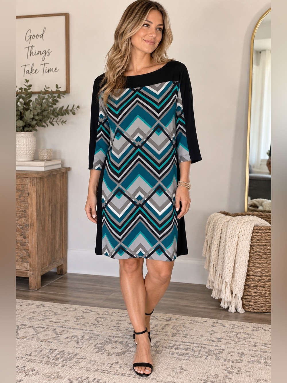 Banana Republic Black and Teal Geometric Shift Dress